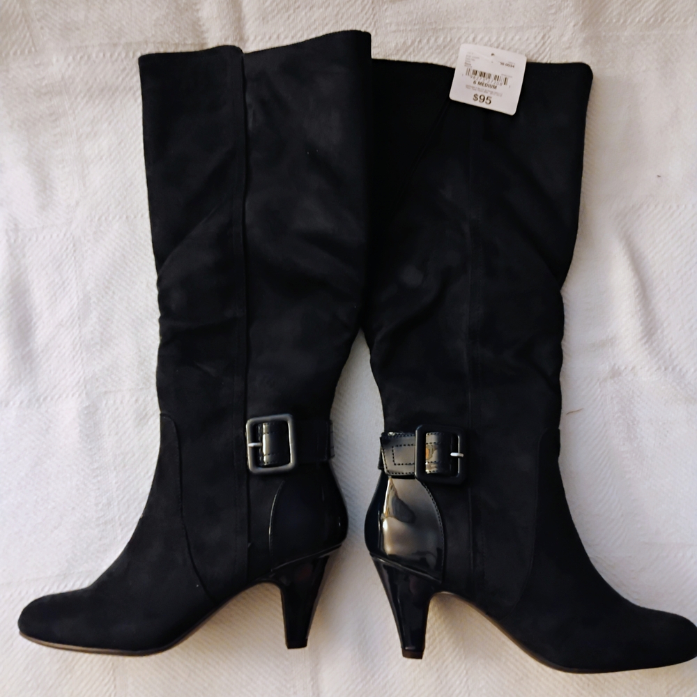 East 5th Navy Blue Heeled Boots with Blue Buckle